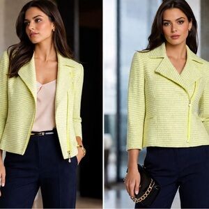 Ted Baker NOIRA Boucle Moto Blazer Jacket Neon Green Tweed $395 Size 1 (US 4)